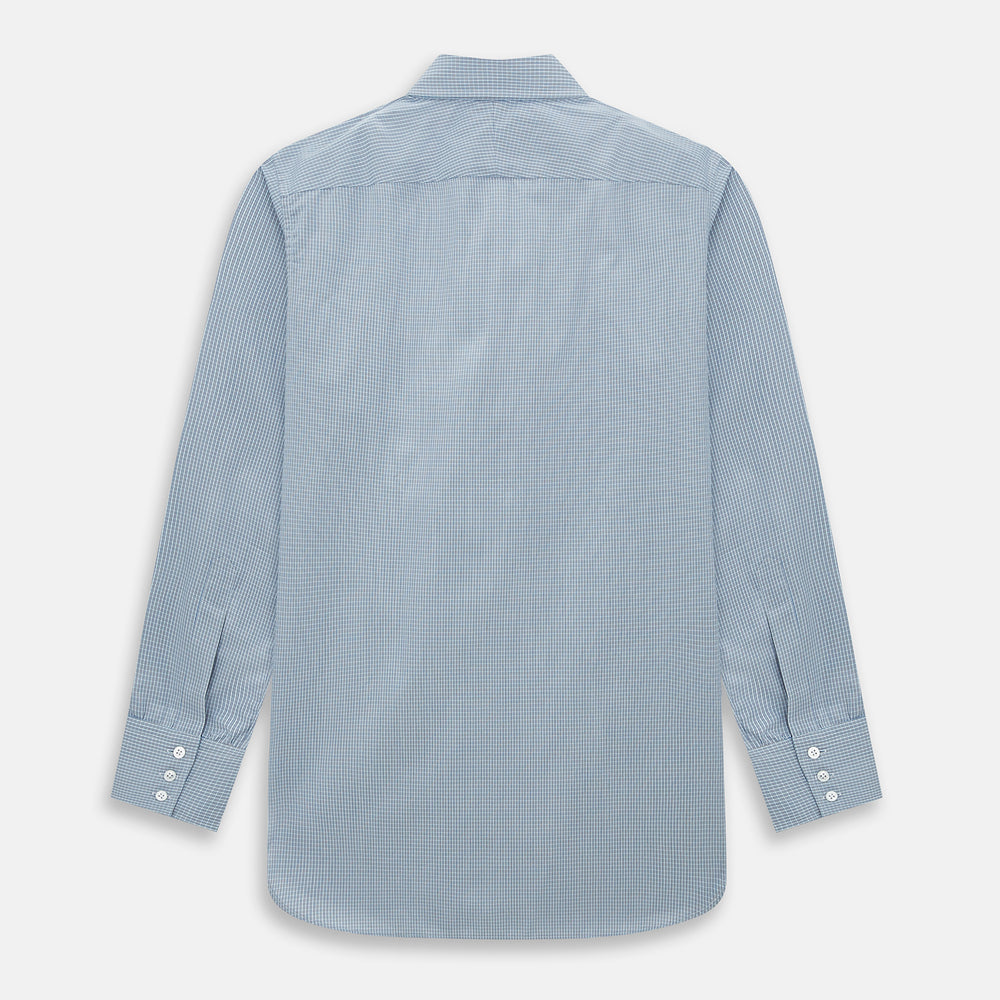 The Turnbull & Asser Blue and Brown Micro Shadow Check Westminster Shirt features a refined collar and white buttons, showcasing timeless British craftsmanship.