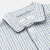 View 2 of product The Turnbull & Asser Green and Blue Check Cotton Hyde Pyjama Set for men features a long-sleeve, button-up top and pants with contrasting dark piping, shown laid flat on a white background.