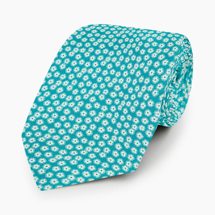Turquoise Flower Patterned Printed Silk Tie Image 4
