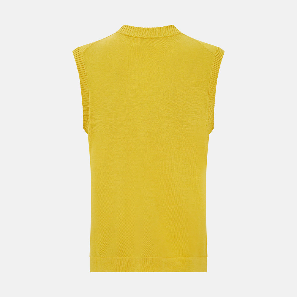The Turnbull & Asser Canary Yellow Fine Merino V-Neck Vest is a sleeveless knit sweater with ribbed trim, adding elegance to any gentleman's outfit. Shown here on a plain white background.