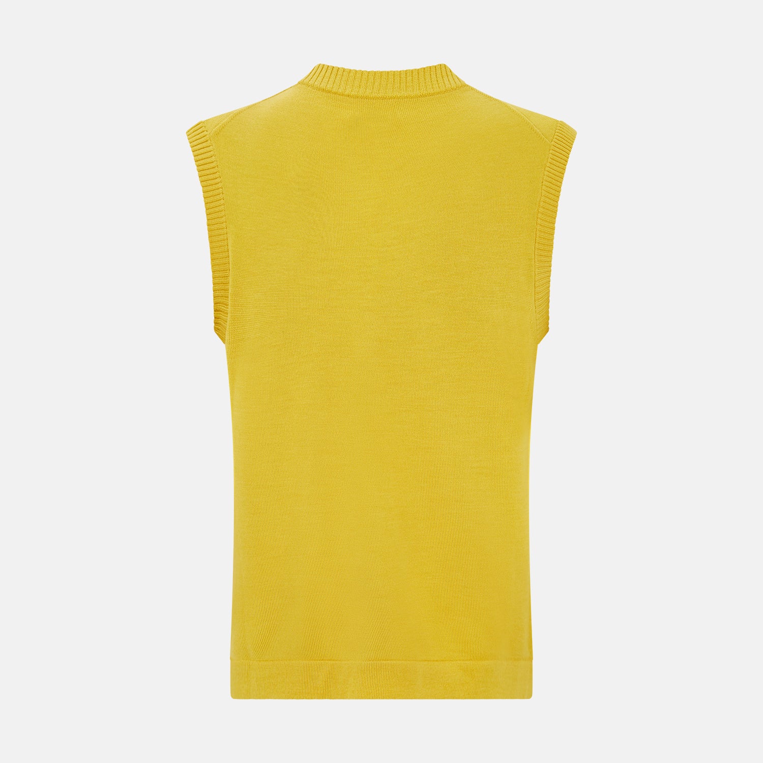 View 3 of product The Turnbull & Asser Canary Yellow Fine Merino V-Neck Vest is a sleeveless knit sweater with ribbed trim, adding elegance to any gentleman's outfit. Shown here on a plain white background.