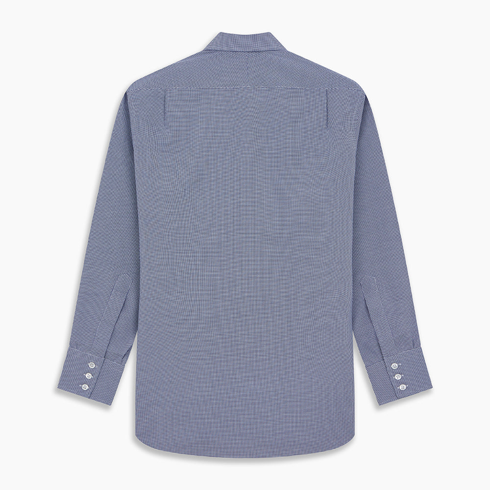A navy pattern cotton voile regular fit Mayfair shirt by Turnbull & Asser, featuring long sleeves, a button-up front, classic collar, and white buttons, displayed flat against a white background.