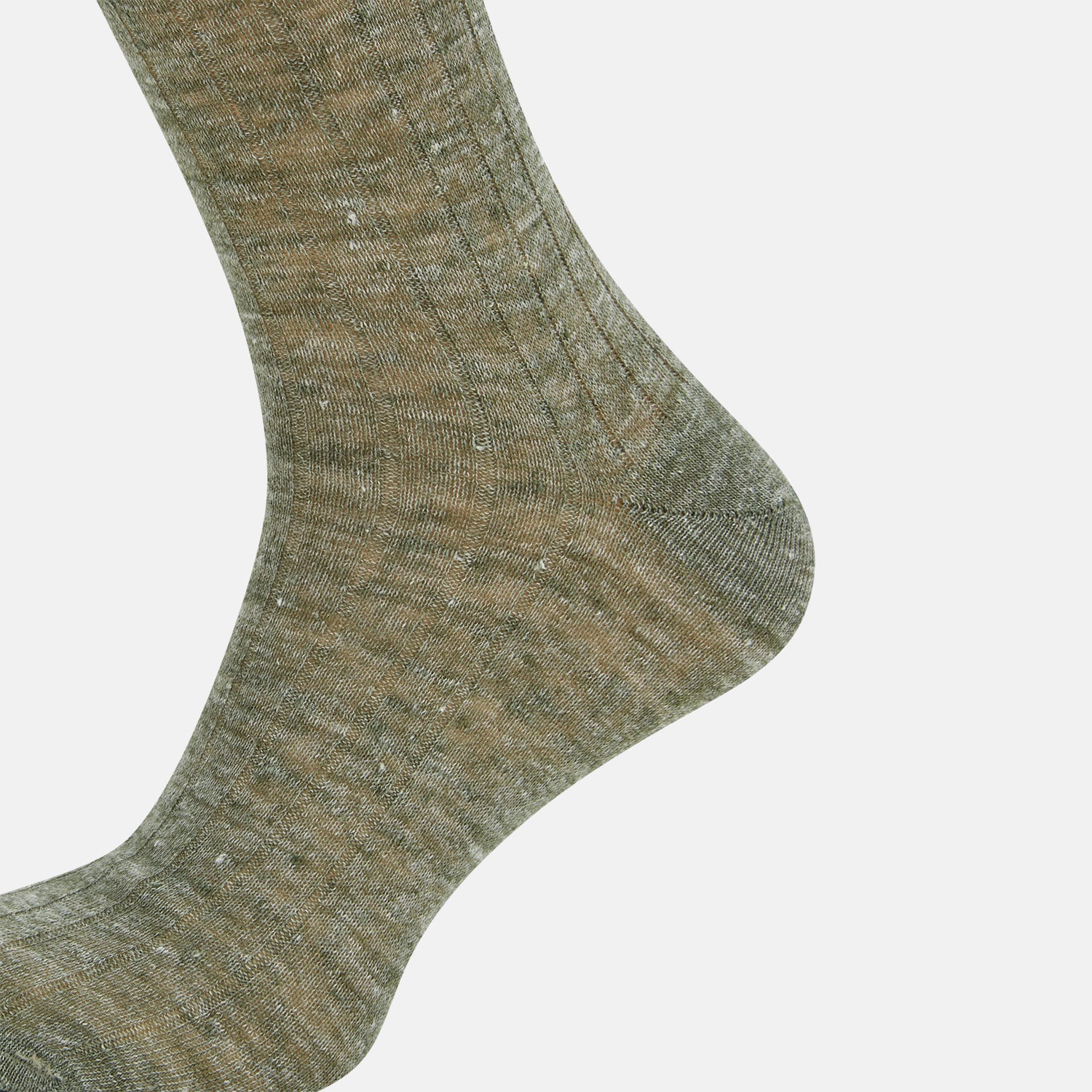 View 4 of product The Forest Green Linen Mid-Length Sock by Turnbull & Asser features a ribbed texture and is shown upright on a plain white background. Made from breathable linen, it offers comfort and style for everyday wear.