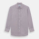 The Turnbull & Asser Burgundy Shadow Stripe Mayfair Shirt is a long-sleeved button-up with thin vertical burgundy stripes, classic collar, and buttoned cuffs, shown laid flat on a white background.