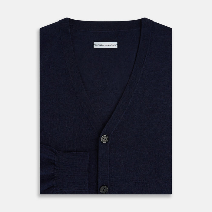 Navy Fine Merino V-Neck Cardigan Image 3