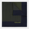 View 1 of product Turnbull & Asser Navy and Yellow Stripe Silk Pocket Square features hand-rolled edges, striped pattern, and "Turnbull & Asser Hand Printed in England" text in yellow on the bottom right corner.