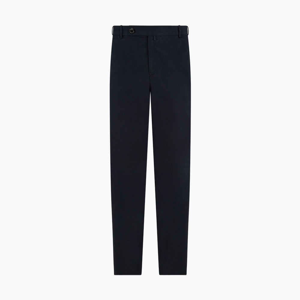 Turnbull & Asser’s Midnight Blue Winston Trousers, in high-twist cotton with belt loops and a button closure, are shown flat against a plain white background.