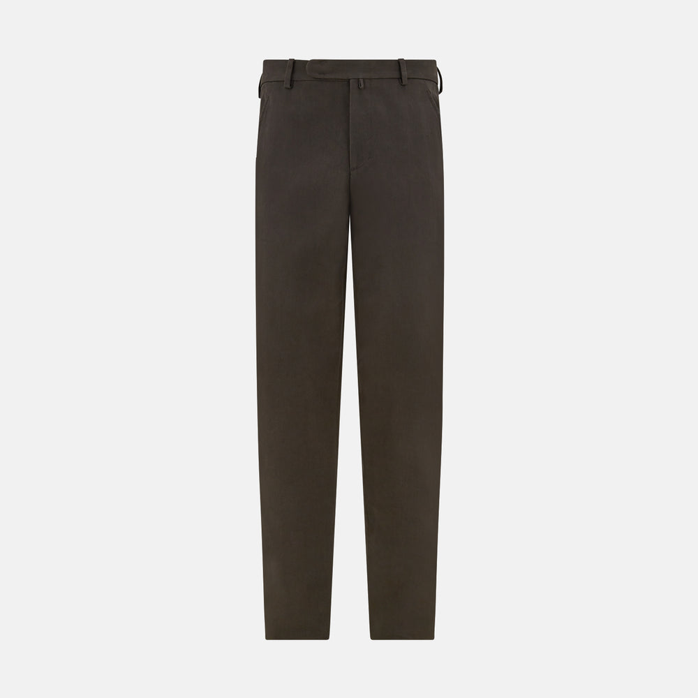 A pair of moss green Henry B trousers by Turnbull & Asser, crafted from Italian cotton with a straight-leg cut, belt loops, and a flat front, displayed against a plain white background.