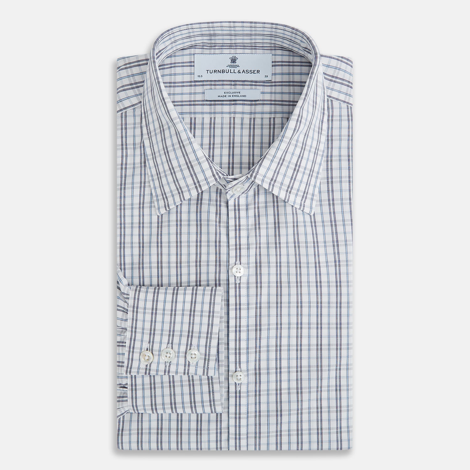View 5 of product The Turnbull & Asser Navy and Blue Multi Tattersall Westminster Shirt features long sleeves, a button-down style, and a Turnbull collar in a blue and gray check pattern on white, laid flat against a white background.