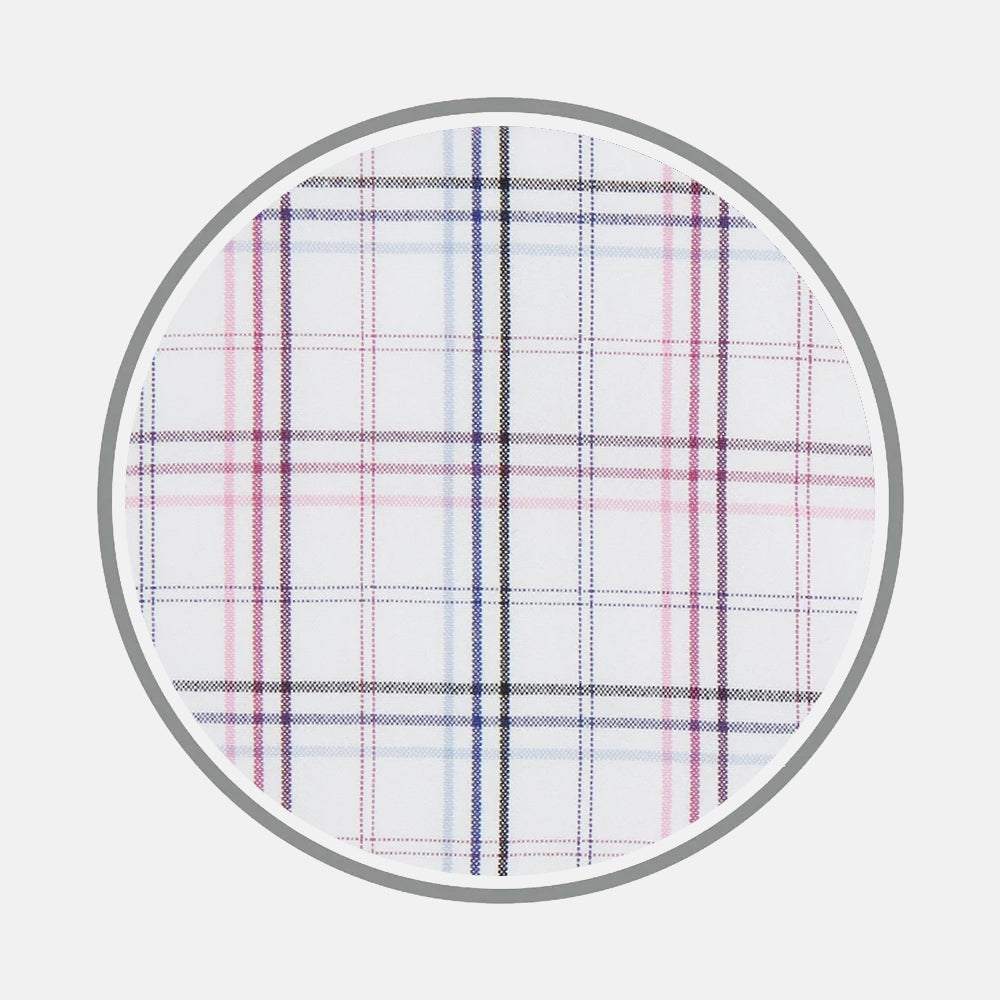 The Purple and Blue Multi Check Fabric by Turnbull & Asser features a circular swatch with a plaid pattern in white, pink, blue, and purple lines, outlined by a gray border on a white background.