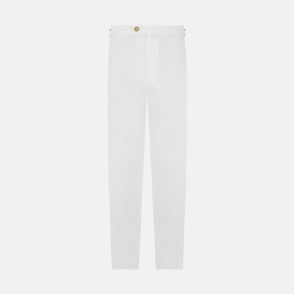 Turnbull & Asser White Linen Henry Trousers, featuring a straight-leg cut with front button and zip closure, are displayed against a plain white background.