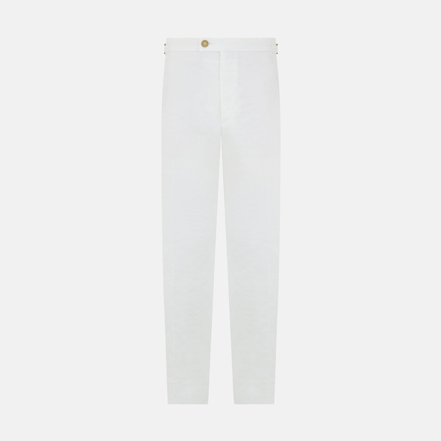 View 1 of product Turnbull & Asser White Linen Henry Trousers, featuring a straight-leg cut with front button and zip closure, are displayed against a plain white background.