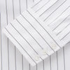 View 3 of product The Turnbull & Asser Black Fine Stripe Cotton Regular Fit Mayfair Shirt features a T&A collar, buttoned cuffs, and black fine stripes, displayed flat on a white background.