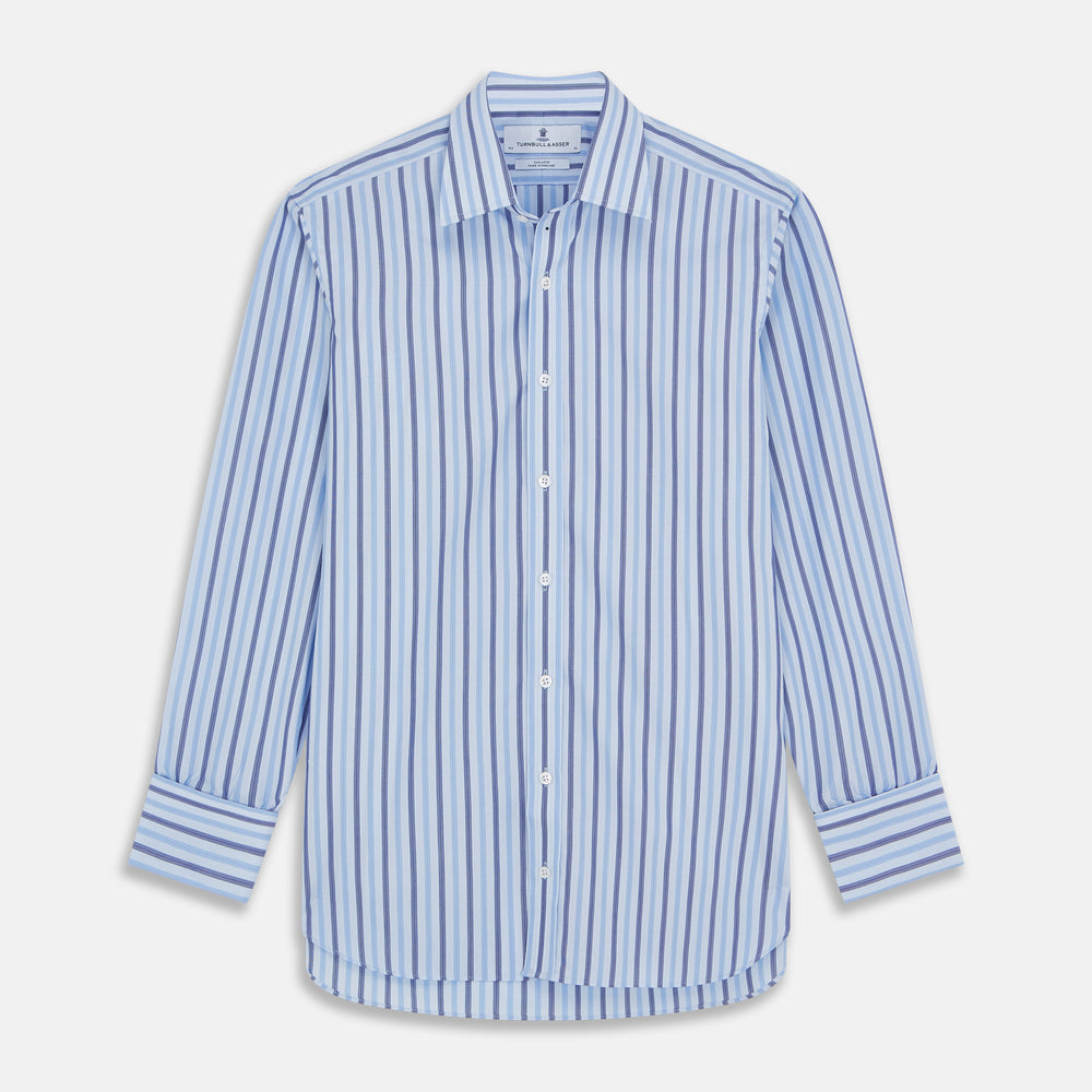 The Turnbull & Asser Pale Blue Multi Stripe Cotton Regular Fit Whitby Shirt, with collar and cuffs, is shown laid flat on a white background.