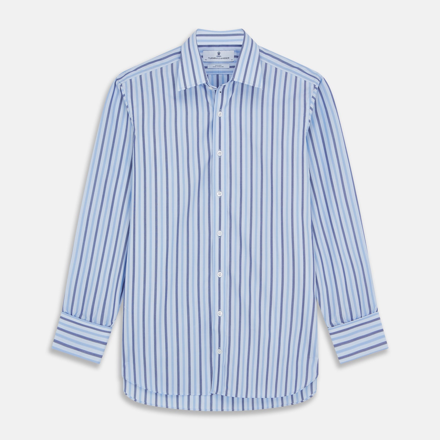 View 1 of product The Turnbull & Asser Pale Blue Multi Stripe Cotton Regular Fit Whitby Shirt, with collar and cuffs, is shown laid flat on a white background.