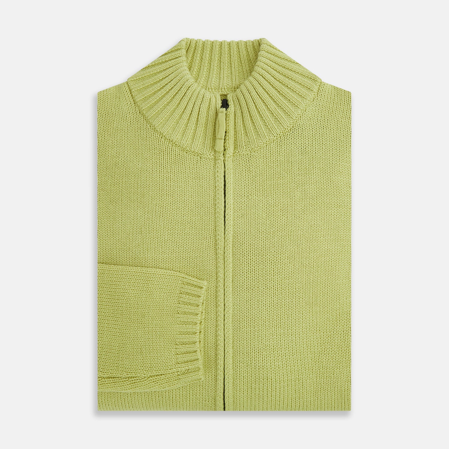 View 4 of product The Melon Green Merino High Neck Zipped Cardigan by Turnbull & Asser features long sleeves and ribbed collar, cuffs, and hem, shown on a plain white background.