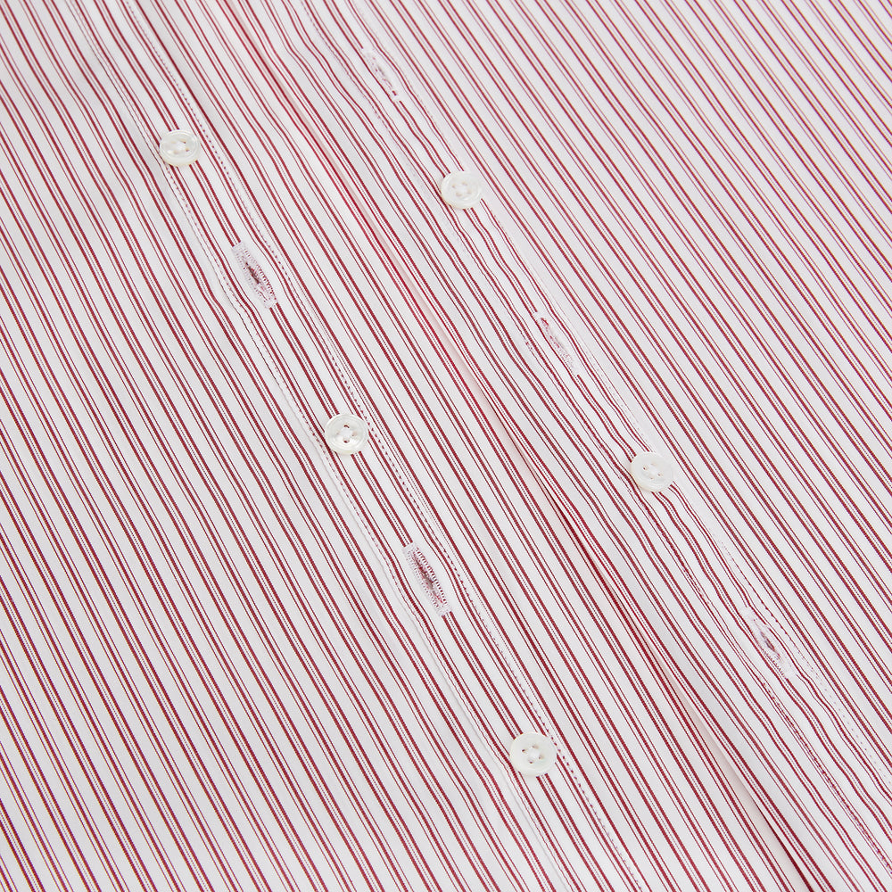 The Red Ticking Stripe Westminster Shirt by Turnbull & Asser features long sleeves, a button-up front, and vertical red and white stripes, shown flat on a white background.