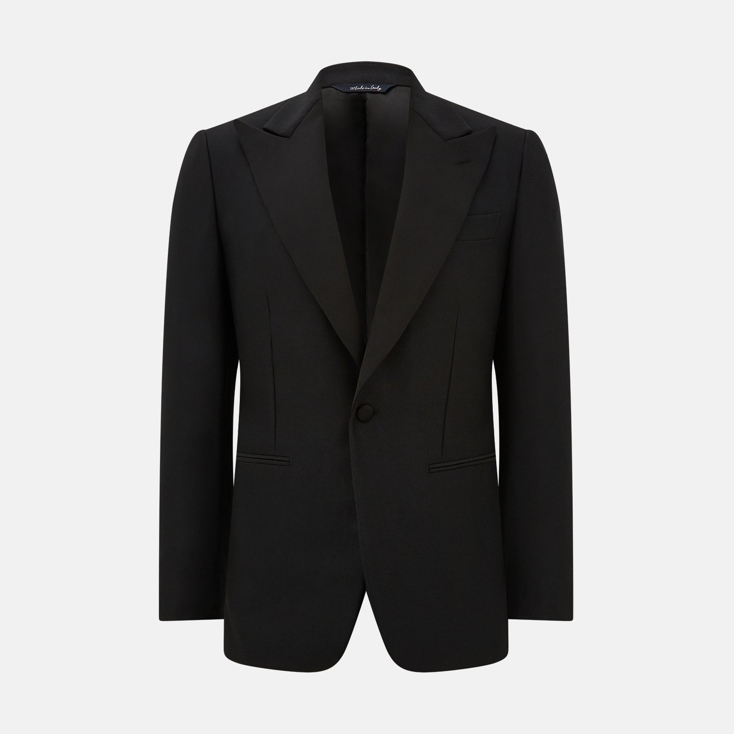 View 3 of product The Turnbull & Asser Black Single Breasted Dinner Suit, with satin lapels and matching trousers, is elegantly folded and displayed on a plain white background.
