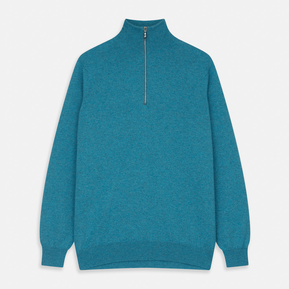 The Teal Lennox Half-Zip Jumper by Turnbull & Asser features a quarter-zip front, long sleeves, high collar, and ribbed cuffs and hem, shown laid flat on a light background.