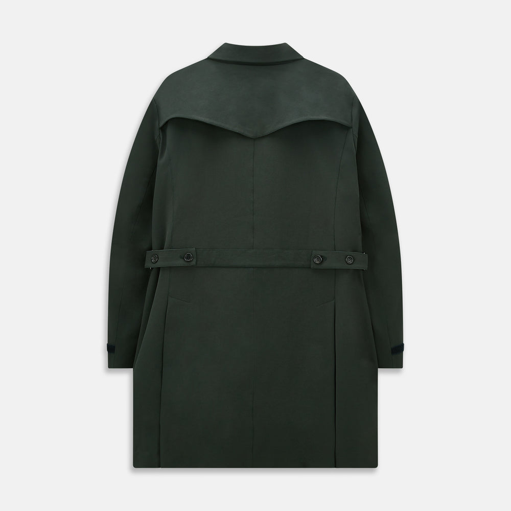 A Forest Green John Arthur Trench Coat by Turnbull & Asser, knee-length with a single-breasted button closure, three zippered pockets, and buttoned cuffs, is laid flat on a white background.