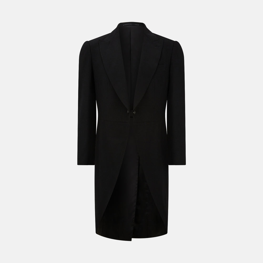 The Turnbull & Asser Black Morning Coat features satin peak lapels, a single front button closure, and long sleeves, shown against a plain white background.