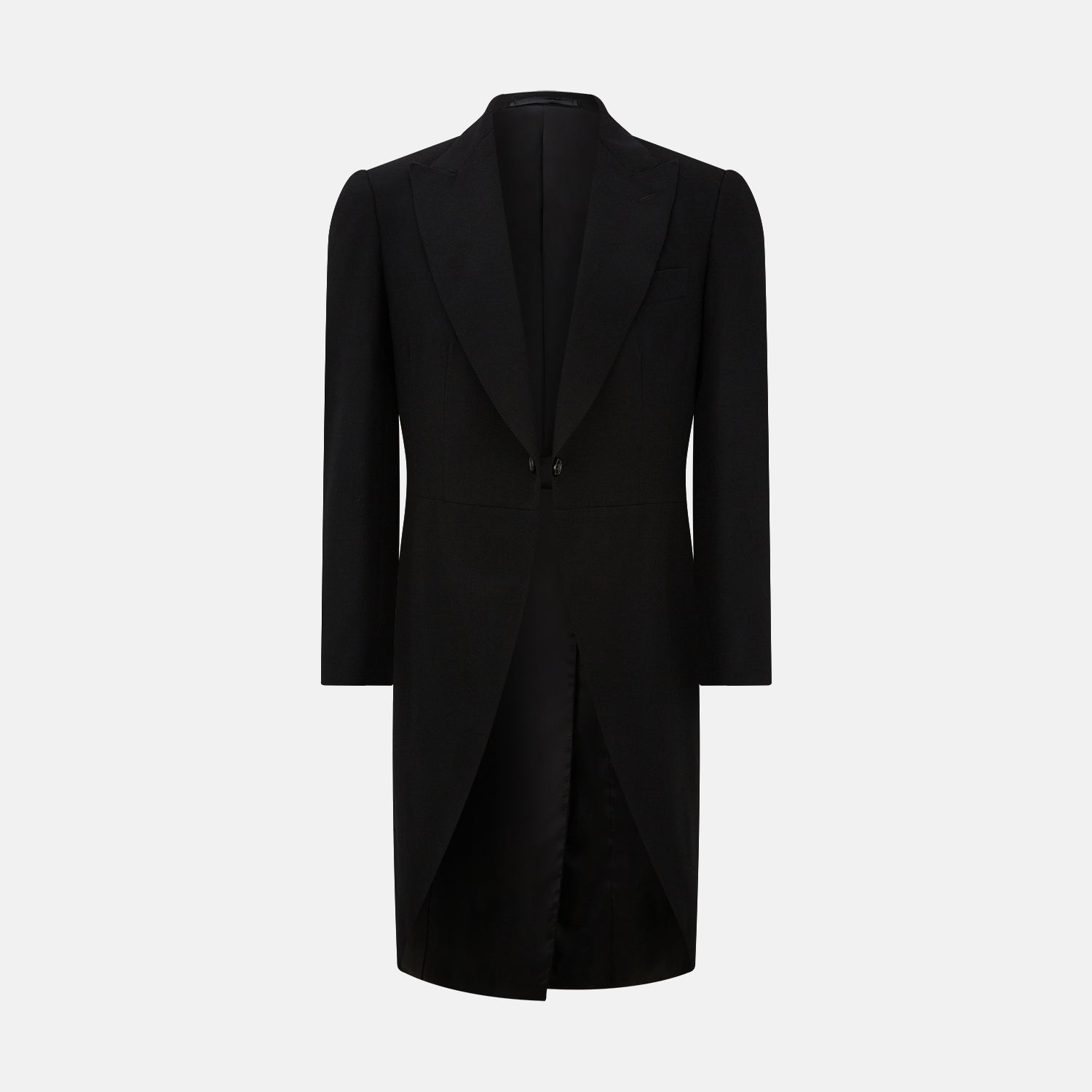 View 1 of product The Turnbull & Asser Black Morning Coat features satin peak lapels, a single front button closure, and long sleeves, shown against a plain white background.