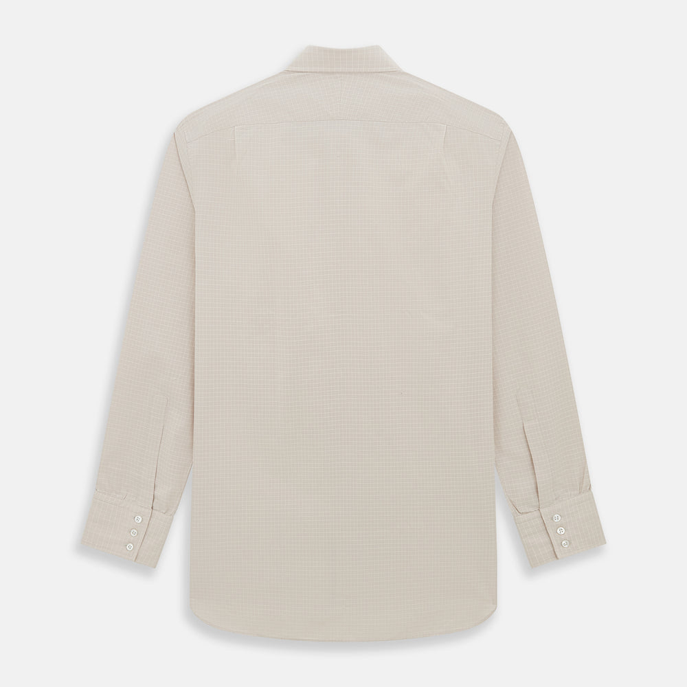 The Turnbull & Asser Pale Pink Fine Check Mayfair Shirt features long sleeves, a collared neckline, buttoned cuffs, and a subtle check pattern in sanforised cotton, displayed against a white background.