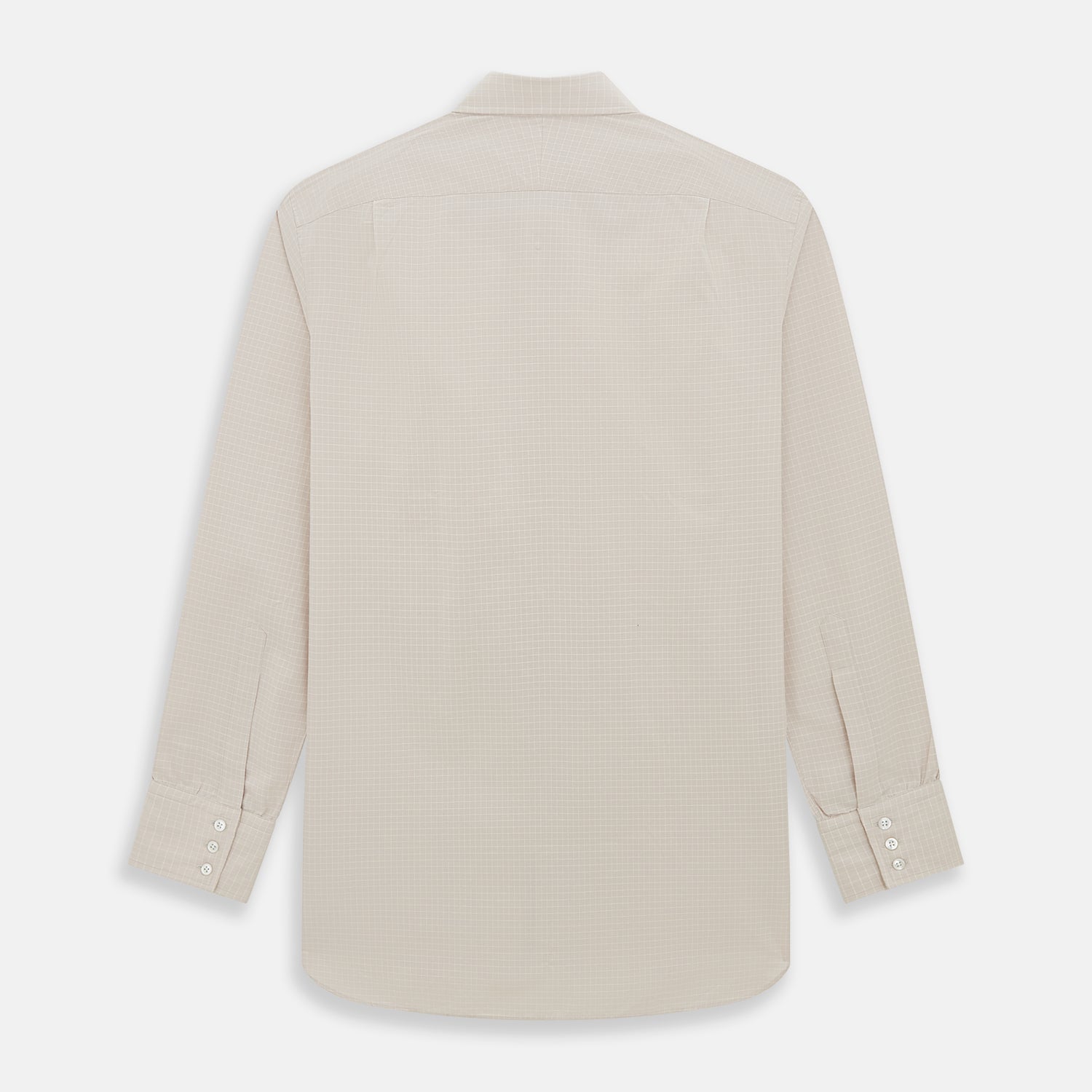 View 3 of product The Turnbull & Asser Pale Pink Fine Check Mayfair Shirt features long sleeves, a collared neckline, buttoned cuffs, and a subtle check pattern in sanforised cotton, displayed against a white background.