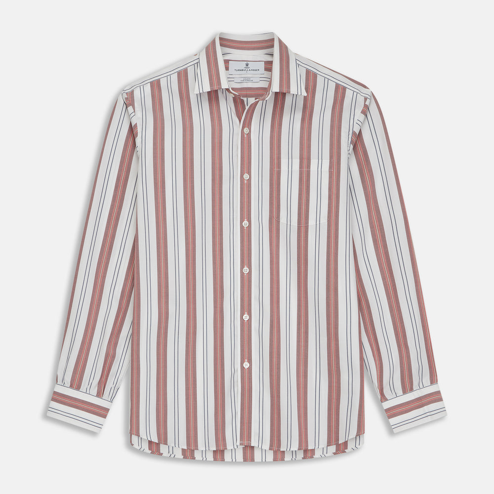 The Turnbull & Asser Red, Blue & White Stripe Weekend Fit Shirt features a Derby collar, 1-button cuffs, and crisp stripes—ideal for stylish winter layering.