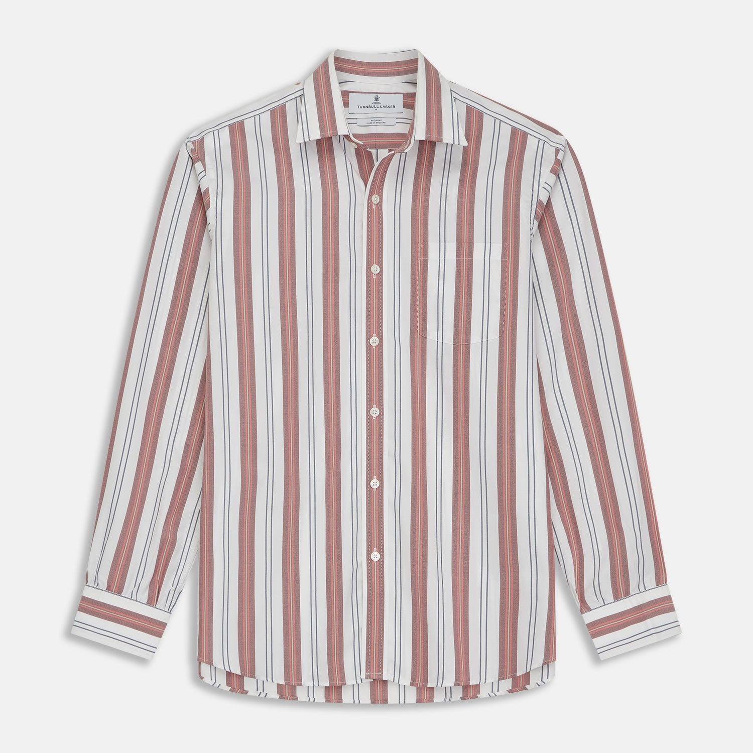 View 1 of product The Turnbull & Asser Red, Blue & White Stripe Weekend Fit Shirt features a Derby collar, 1-button cuffs, and crisp stripes—ideal for stylish winter layering.