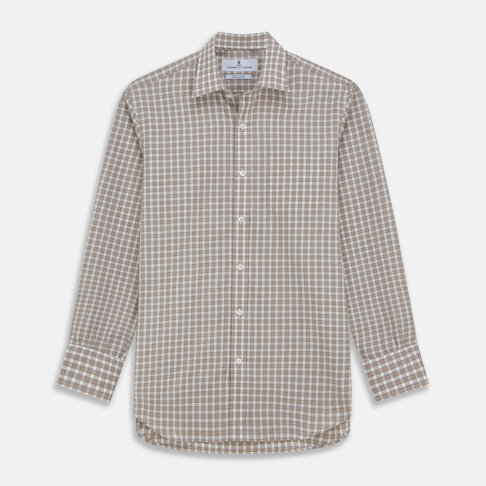 A grey and peach multi-check long-sleeve Cashmerello Finch Shirt by Turnbull & Asser, featuring a classic collar and white buttons, displayed on a white background. This stylish Weekend Fit shirt offers a refined look for summer.