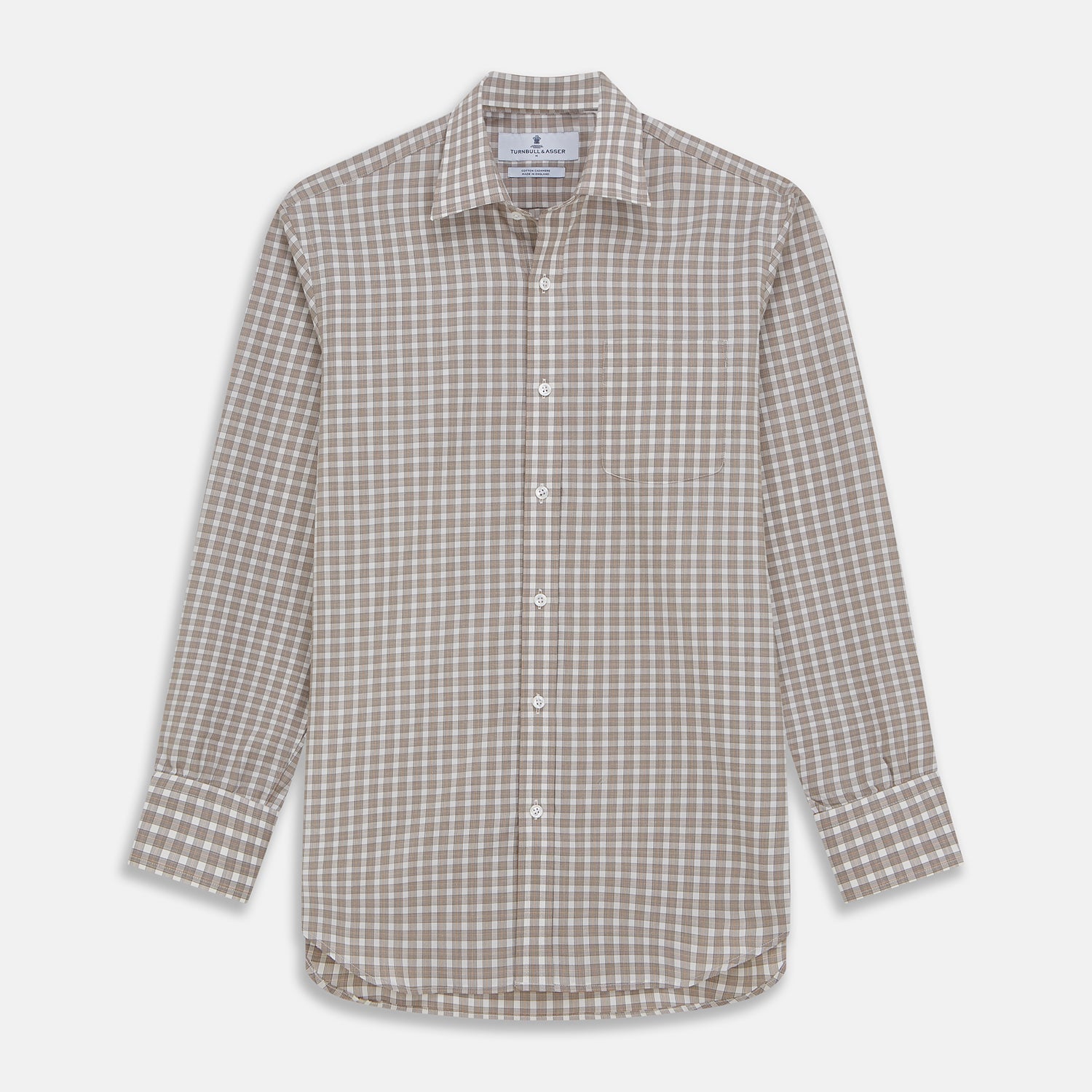 View 1 of product A grey and peach multi-check long-sleeve Cashmerello Finch Shirt by Turnbull & Asser, featuring a classic collar and white buttons, displayed on a white background. This stylish Weekend Fit shirt offers a refined look for summer.