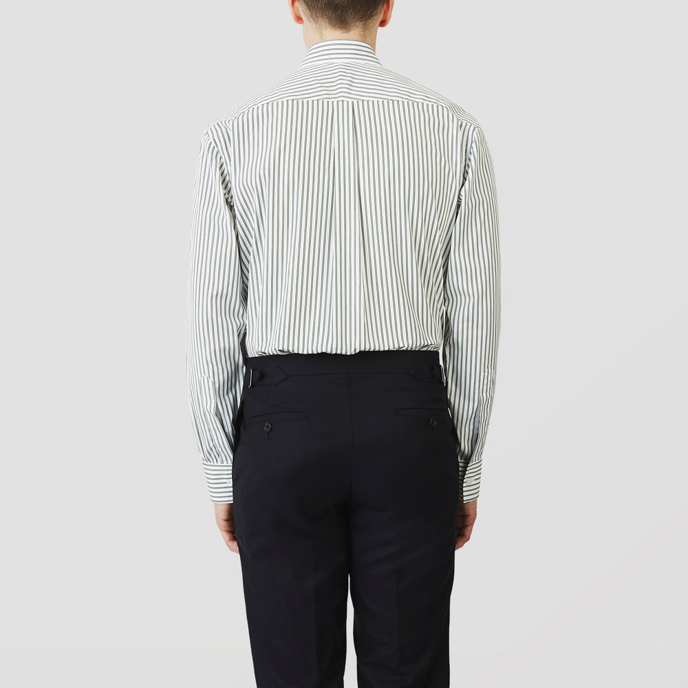 The Turnbull & Asser Green Stripe Weekend Fit Shirt features a derby collar, 1-button cuffs, and relaxed fit, perfect for smart-casual style, shown laid flat on a white background.