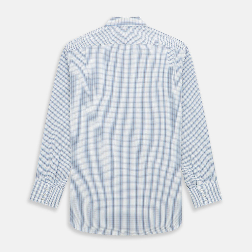 The Turnbull & Asser Navy and Blue Multi Check Mayfair Shirt features a T&A collar, button cuffs, and a blue checkered pattern. This long-sleeve, button-up shirt is shown on a white background.