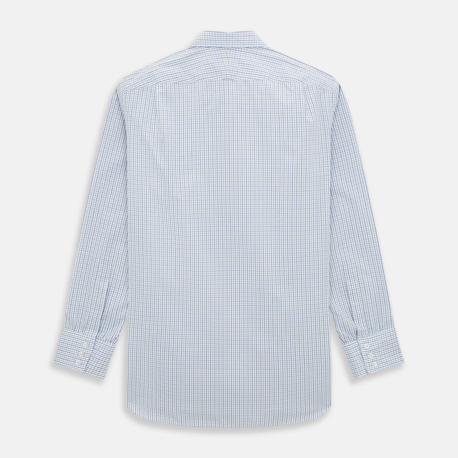 View 3 of product The Turnbull & Asser Navy and Blue Multi Check Mayfair Shirt features a T&A collar, button cuffs, and a blue checkered pattern. This long-sleeve, button-up shirt is shown on a white background.