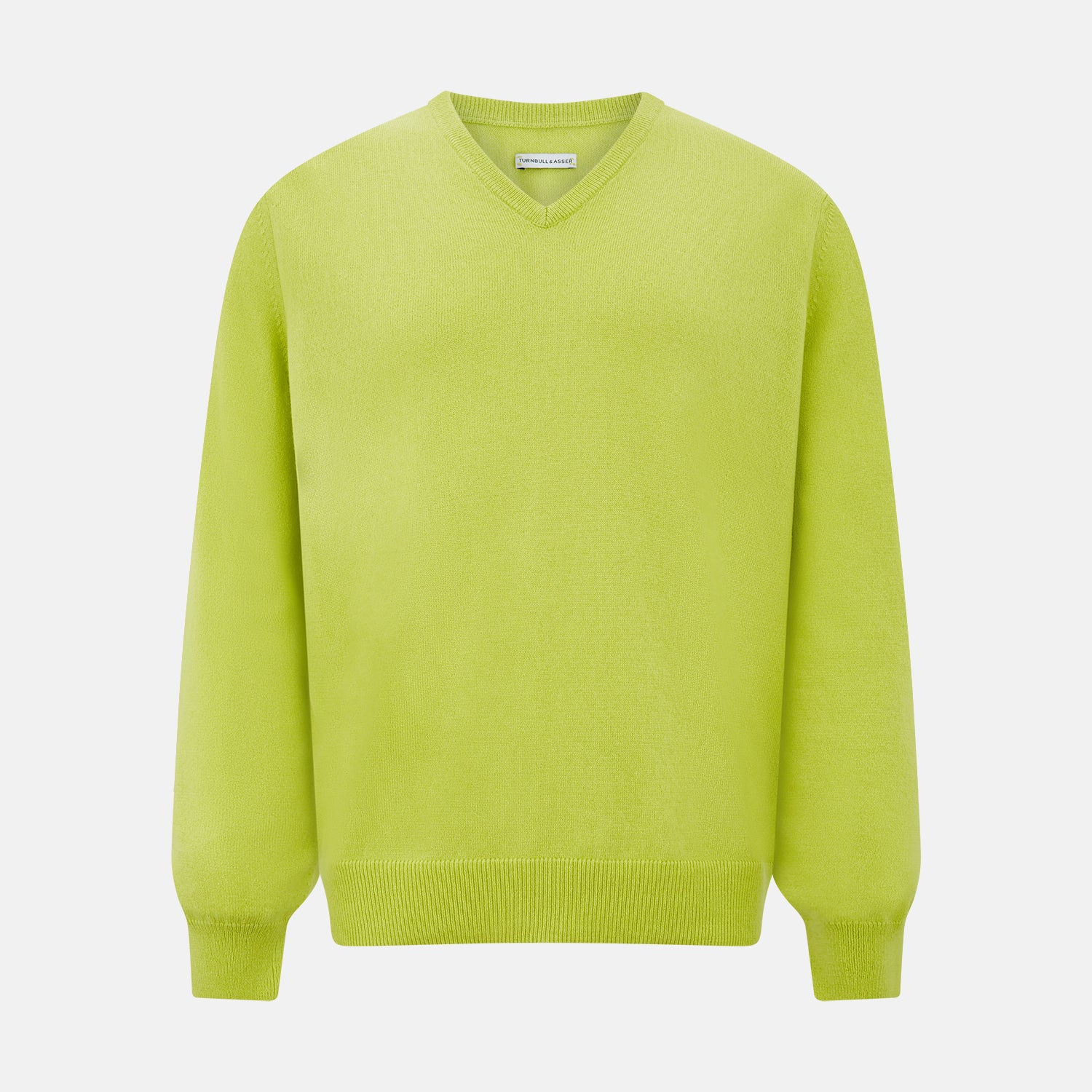 View 1 of product The Lemon Green Cashmere V-neck Jumper by Turnbull & Asser features ribbed cuffs and hem—an essential long sleeve knitwear piece, shown against a white background.