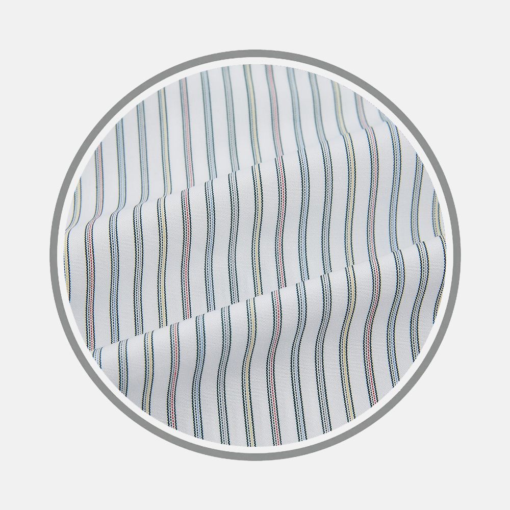 Close-up of Turnbull & Asser’s Forest Green With Multicolored Music Stripe Fabric, featuring white fabric with vertical thin stripes in black, green, blue, and orange shown within a circular frame on a light gray background.
