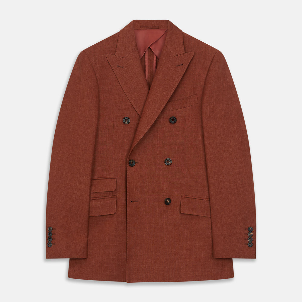 The Turnbull & Asser Rust Linen-Wool-Silk Bertie Blazer is a red double-breasted jacket with peak lapels, black buttons, and flap pockets, tailored in Italy from a luxury linen-wool-silk blend and shown on a white background.