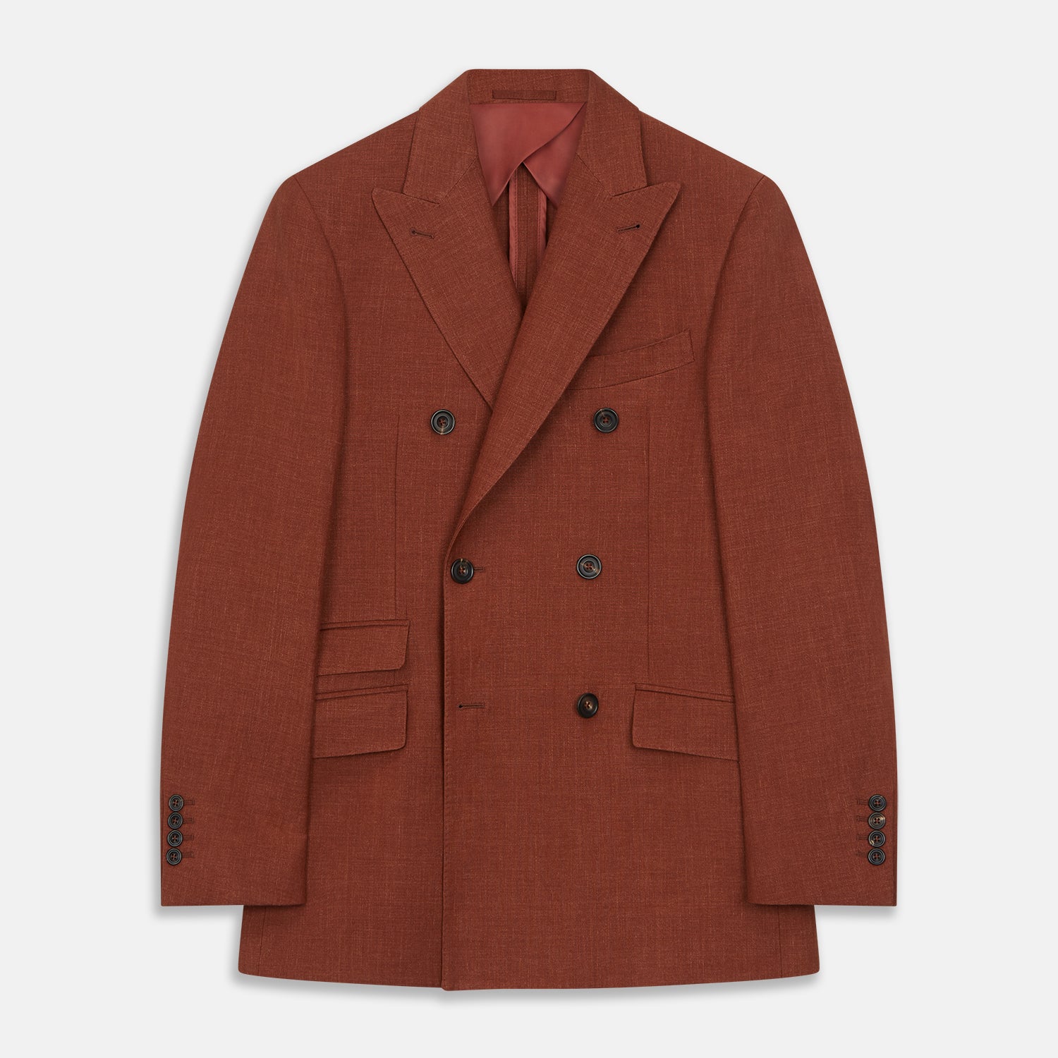 View 1 of product The Turnbull & Asser Rust Linen-Wool-Silk Bertie Blazer is a red double-breasted jacket with peak lapels, black buttons, and flap pockets, tailored in Italy from a luxury linen-wool-silk blend and shown on a white background.