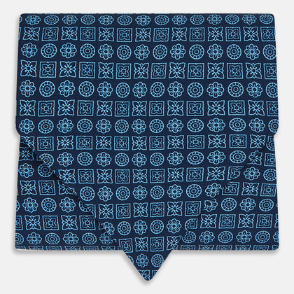 Dark Navy Floral Tile Pattern Printed Silk Cravat
