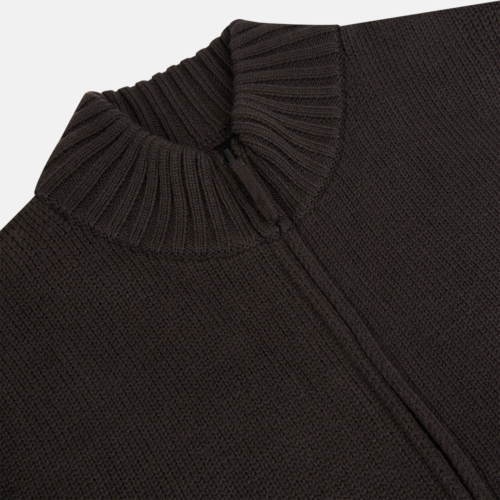 The Brown Merino High Neck Zipped Cardigan by Turnbull & Asser features long sleeves, ribbed cuffs and hem, and is shown on a white background as part of our knitwear collection.
