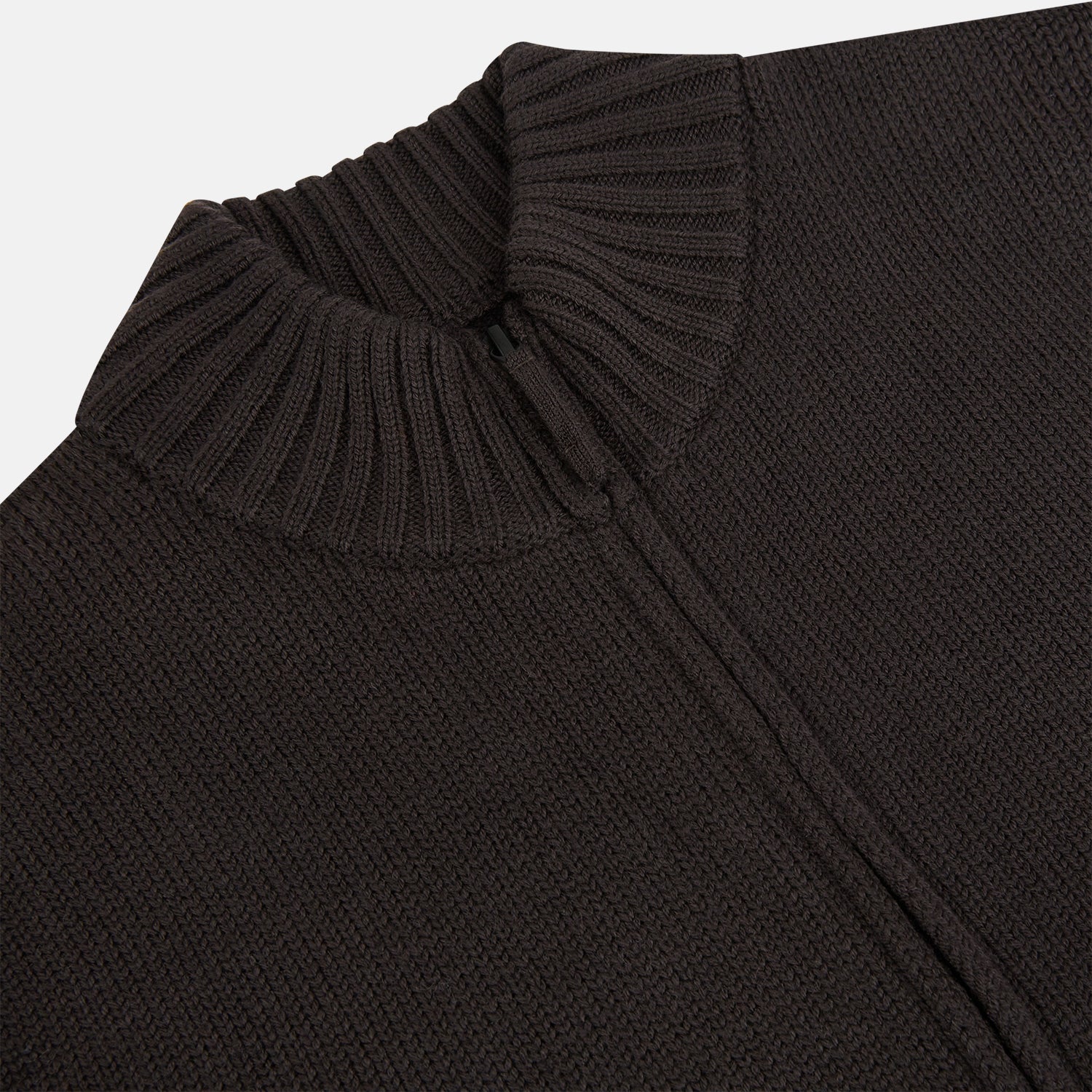 View 2 of product The Brown Merino High Neck Zipped Cardigan by Turnbull & Asser features long sleeves, ribbed cuffs and hem, and is shown on a white background as part of our knitwear collection.