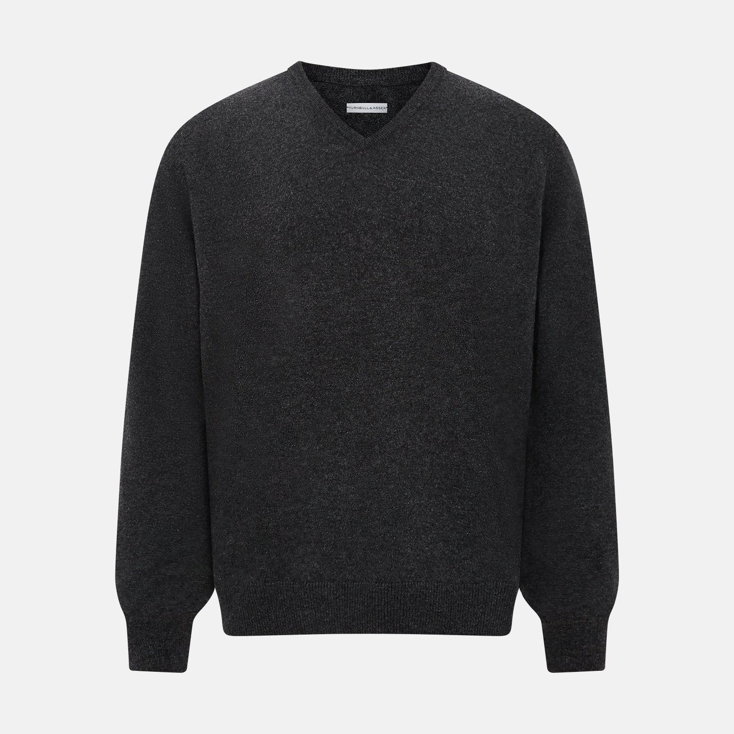 View 1 of product The Turnbull & Asser Charcoal Grey Melange V-Neck Cashmere Jumper is shown on a white background, featuring long sleeves, ribbed cuffs and hem for classic style and comfort.
