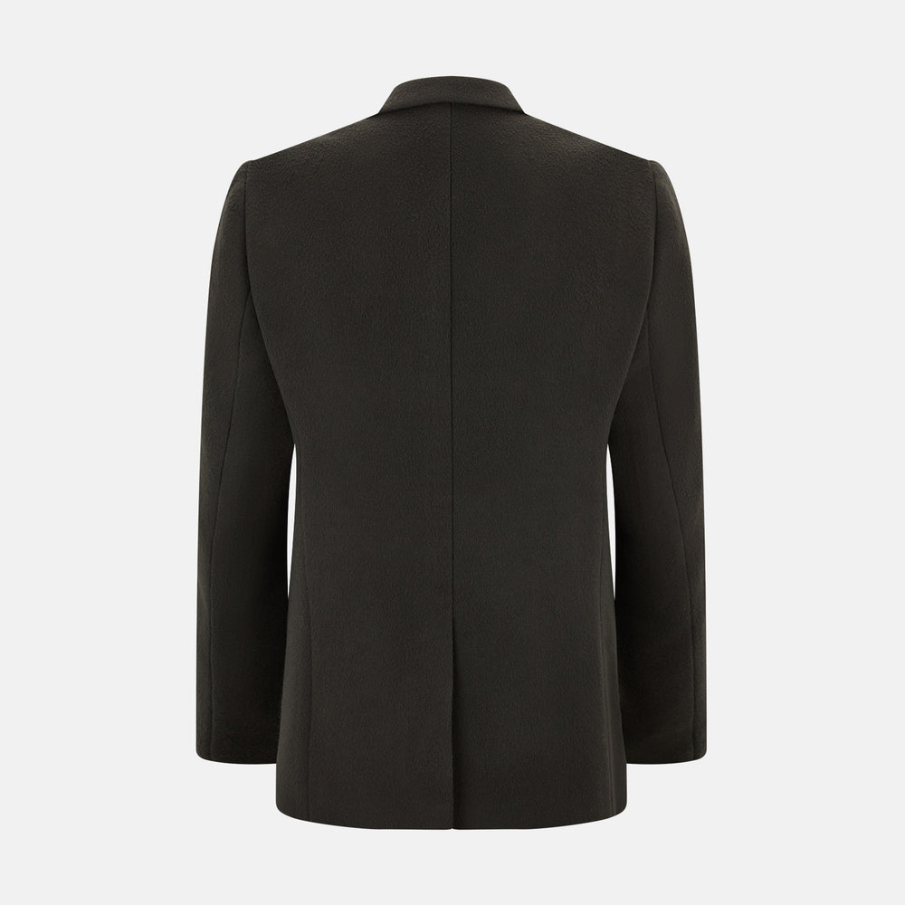 The Turnbull & Asser Olive Brown Apsley Single-Breasted Caban Coat for men features three buttons, notched lapels, and three front pockets, shown against a plain white background.