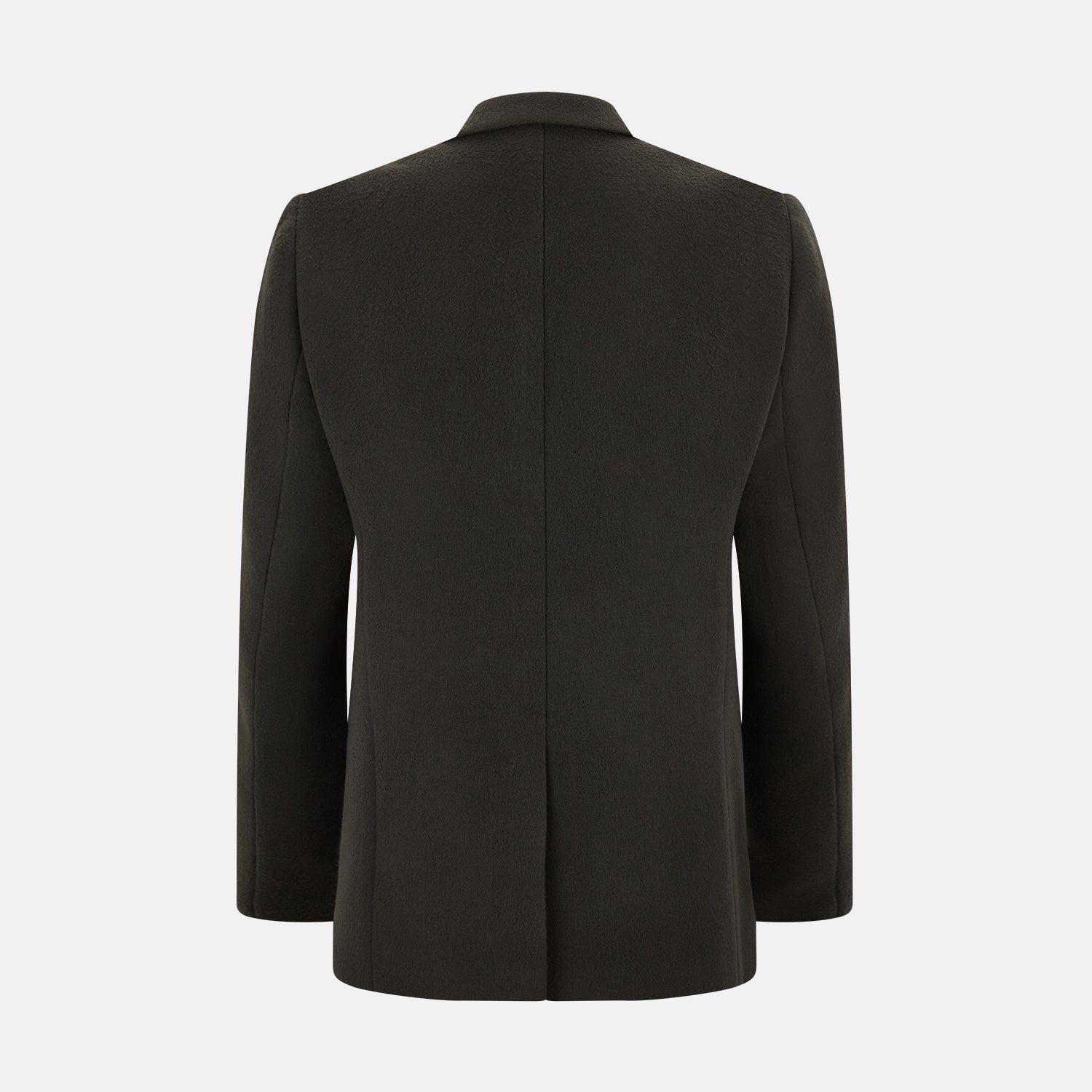 View 3 of product The Turnbull & Asser Olive Brown Apsley Single-Breasted Caban Coat for men features three buttons, notched lapels, and three front pockets, shown against a plain white background.