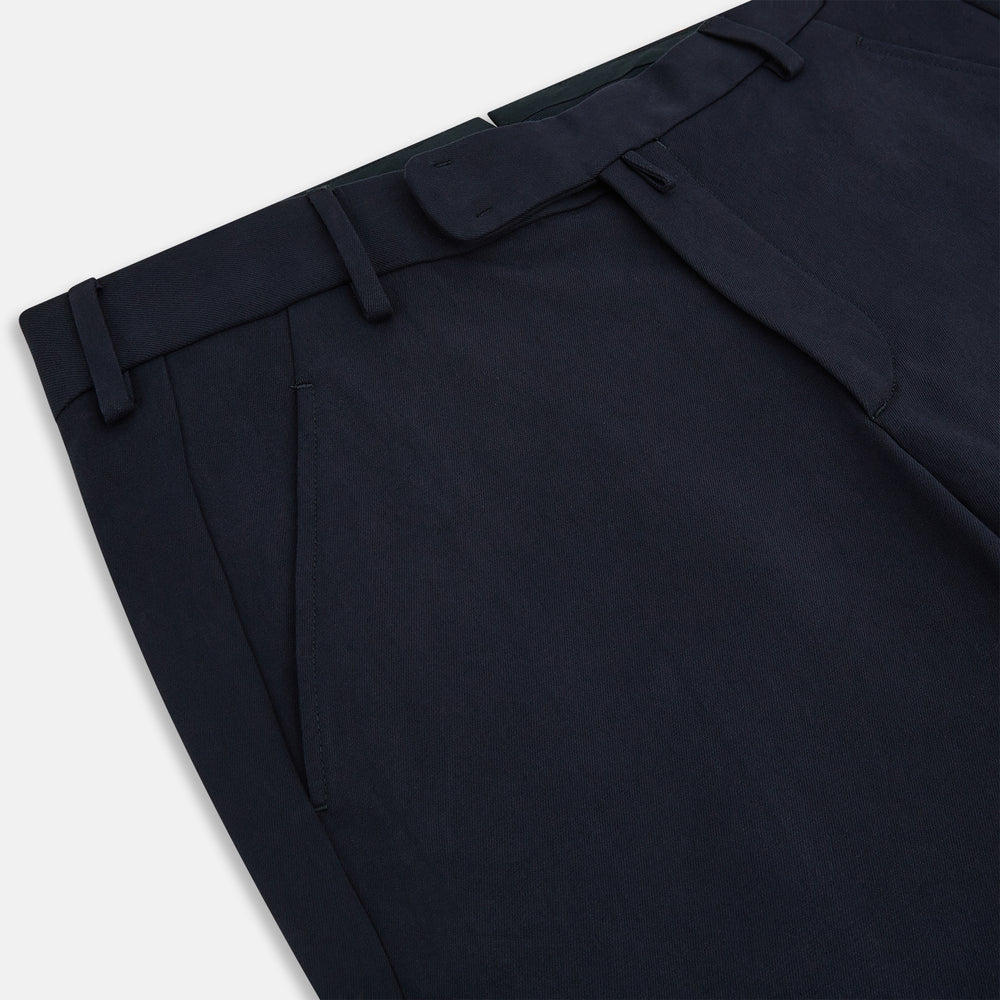 A pair of Navy Henry B Trousers by Turnbull & Asser, crafted from fine Italian cotton with belt loops, a flat front, and straight-leg design, displayed against a plain white background.