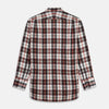 View 5 of product The Turnbull & Asser Black Multi-check Linen Blend Regular Fit Mayfair Shirt features long sleeves, a classic T&A collar and cuffs, and a black-and-red check pattern, shown on a white background.
