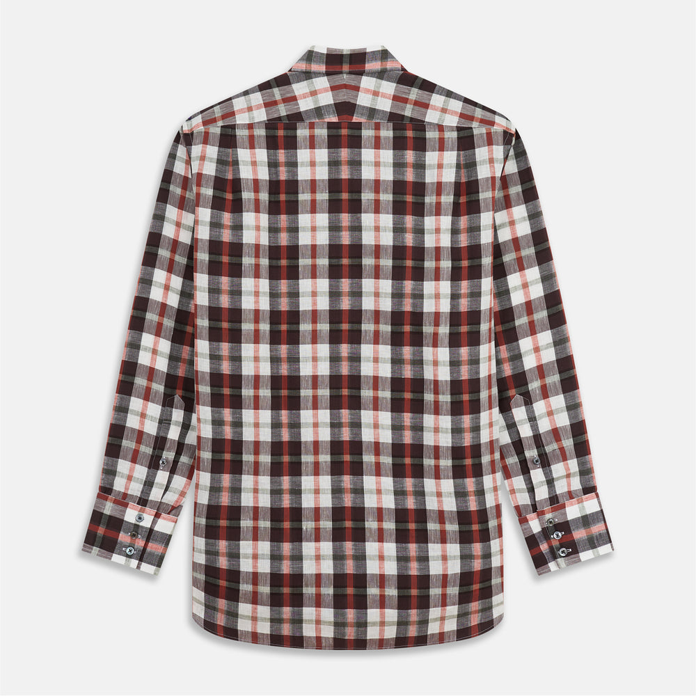The Turnbull & Asser Black Multi-check Linen Blend Regular Fit Mayfair Shirt features long sleeves, a classic T&A collar and cuffs, and a black-and-red check pattern, shown on a white background.