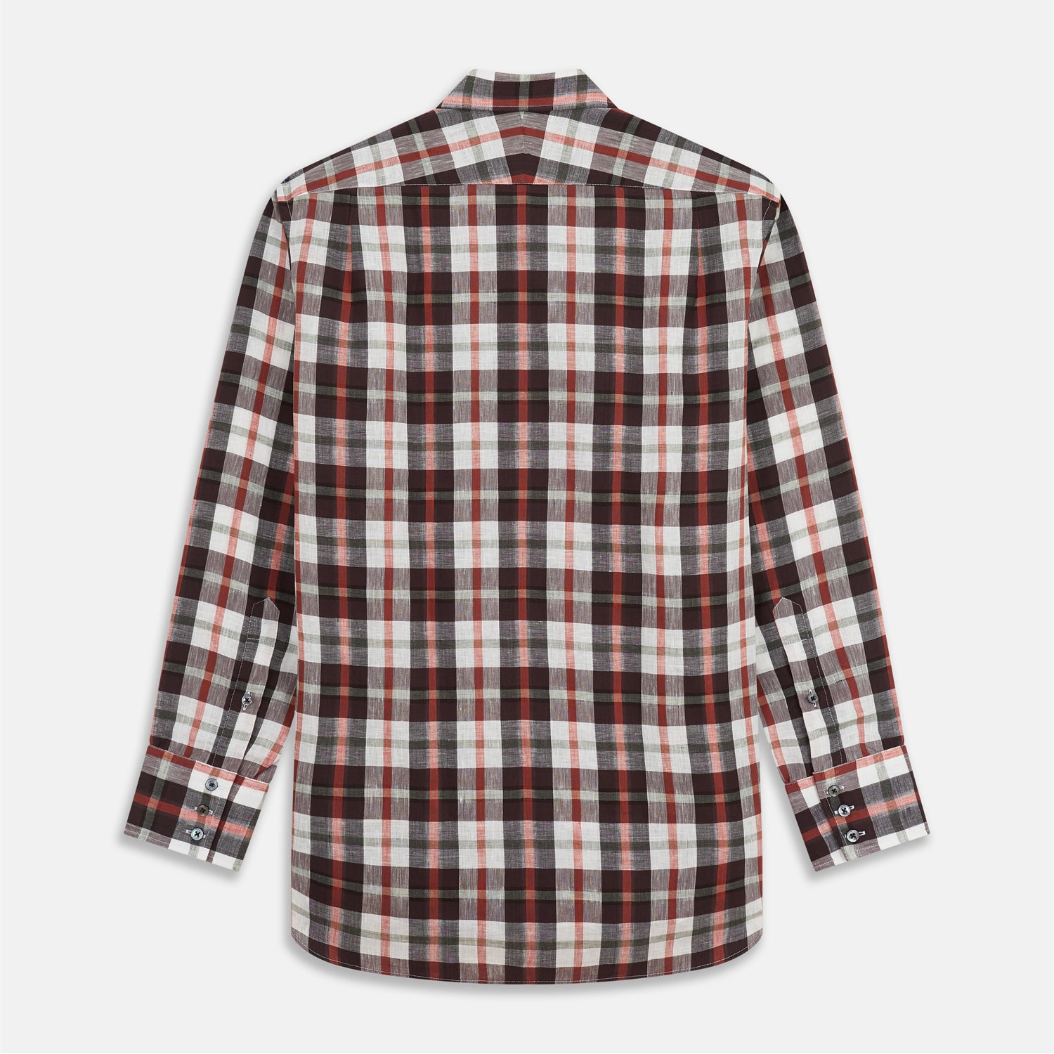 View 5 of product The Turnbull & Asser Black Multi-check Linen Blend Regular Fit Mayfair Shirt features long sleeves, a classic T&A collar and cuffs, and a black-and-red check pattern, shown on a white background.