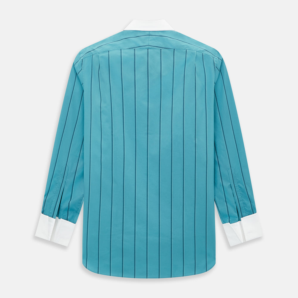 The Turnbull & Asser Turquoise Track Stripe Shirt features a Mayfair fit, contrast white T&A collar and double cuffs, black vertical stripes, and long sleeves, displayed flat on a light background.